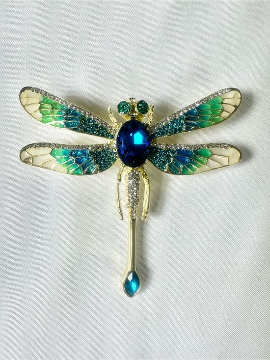 Jewelry - Emerald & Sapphire Dragonfly Brooch - Blue Green Crystal Accent